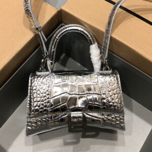 Balenciaga XS Hourglass Croc Embossed Leather Bag - Silver