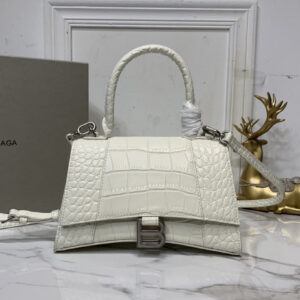 Balenciaga XS Hourglass Croc Embossed Leather Bag - White Silver